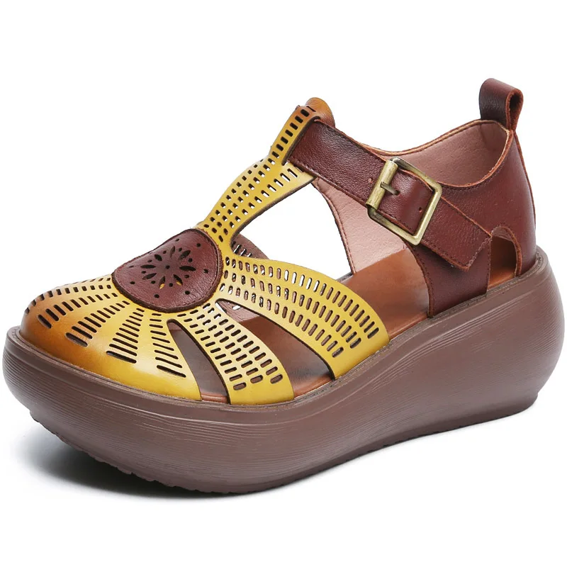 GKTINOO Genuine Leather Shoes Women Sandals Mixed Colors Retro Buckle Strap 2024 New Wedges Handmade Concise Platform Sandals