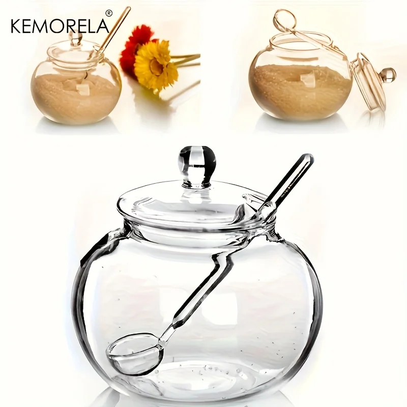 1/2PCS 250ML Clear Glass Sugar Bowl with Spoon with Rounded Lid - Built-in Spoon for Sugar, Spices, Candy, Condiments Storage