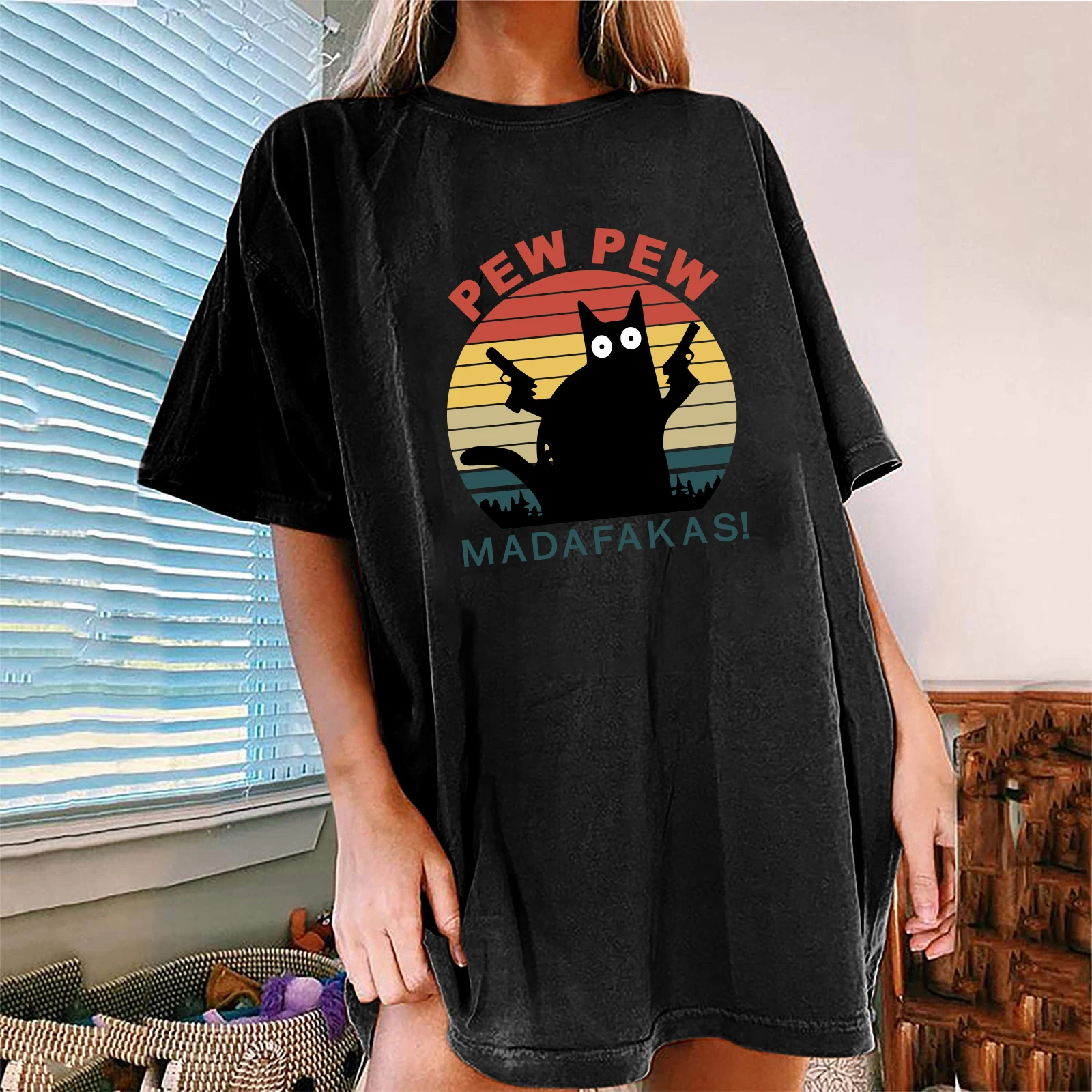 

Seeyoushy Harajuku Shirt Ladies Pew Pew Madafakas Cat Funny Drop Shoulder Graphic Tshirts Women 2023 Summer Loose Top Clothes