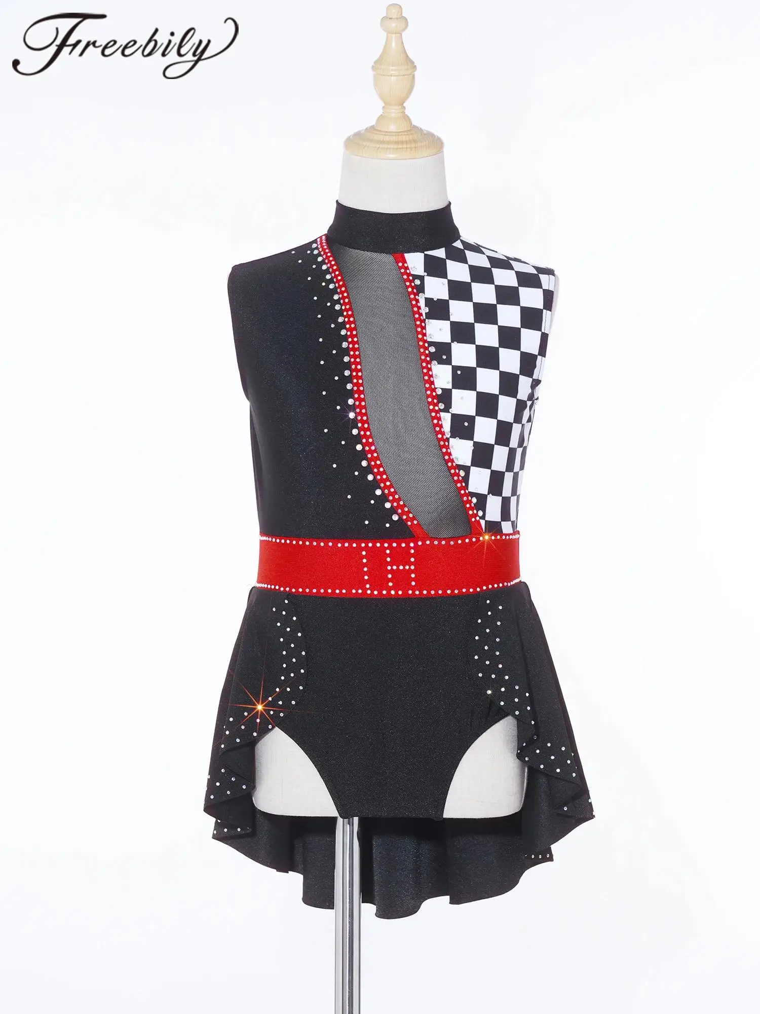 

Childs Clown Costume for Girls Circus Jumpsuit Plaid Ruffled Overlay Dance Leotard Bodysuits Halloween Stage Performance Costume