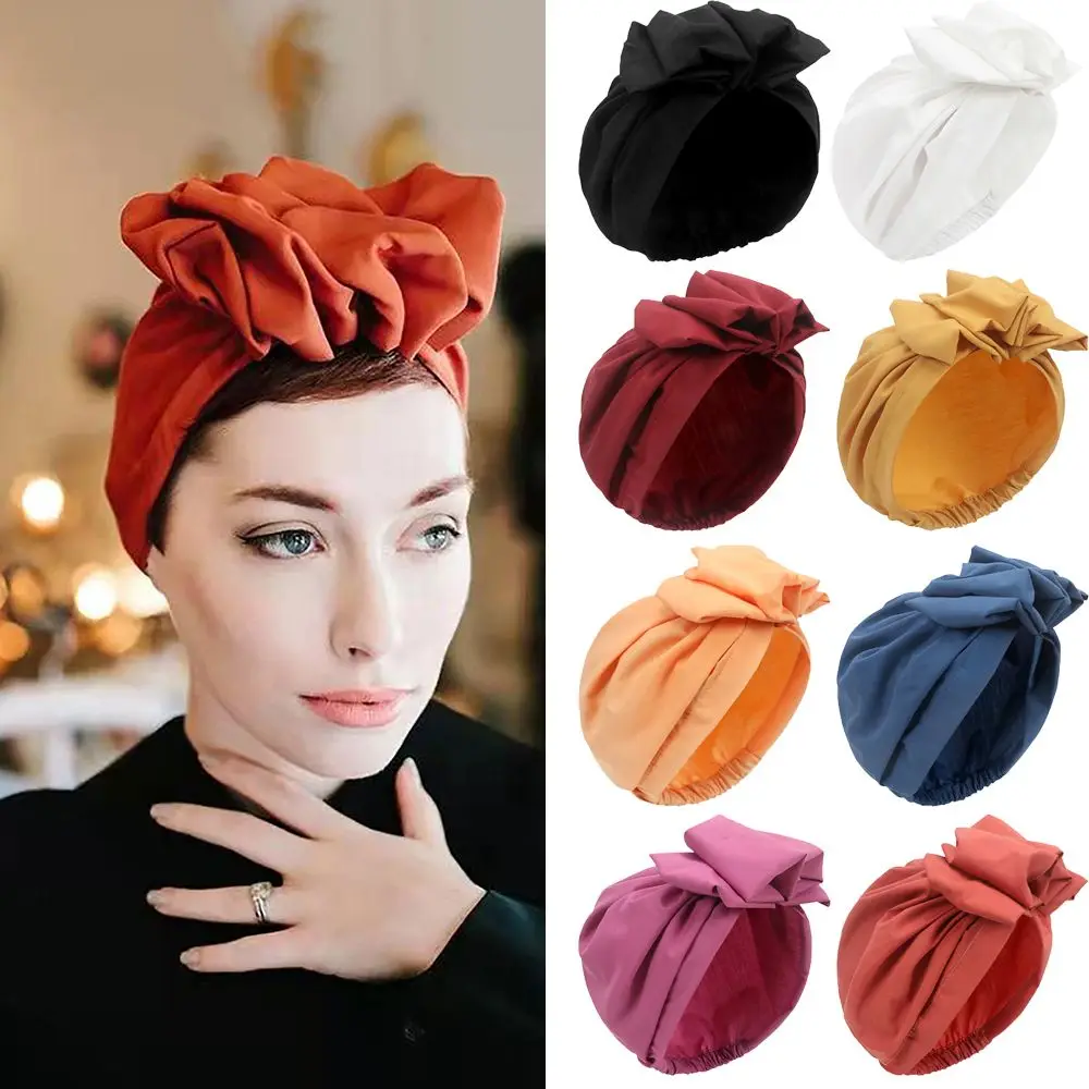 African Head Wraps Elegant Retro Turban for Women Muslim Headscarf Cap Soild Color Ladies Beanies Caps Muslim Headpiece