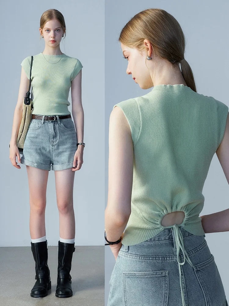 

Eggka Slim Fit ort Sve Knitwear Pure Color Ba Waist Hollow out Design Vertical Stripe Pattern Commute Sle Summer Top