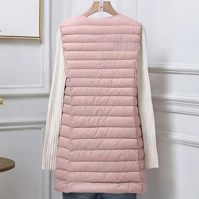 0-10℃ Ultralight Portable Puffer Vest Autumn Winter Women Long Collarless Duck Down Waistcoat Sleeveless Button Feather Lining