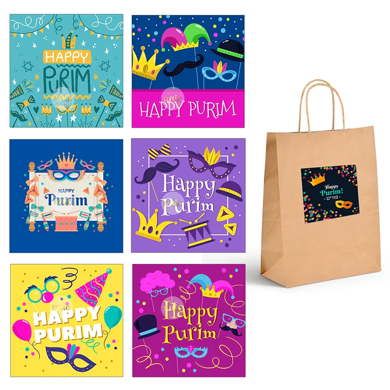 Jewish Festival Square Purim Stickers Happy Purim Stickers Self Adhesive Seal Label Sticker Celebration Party Gift Bag Decor