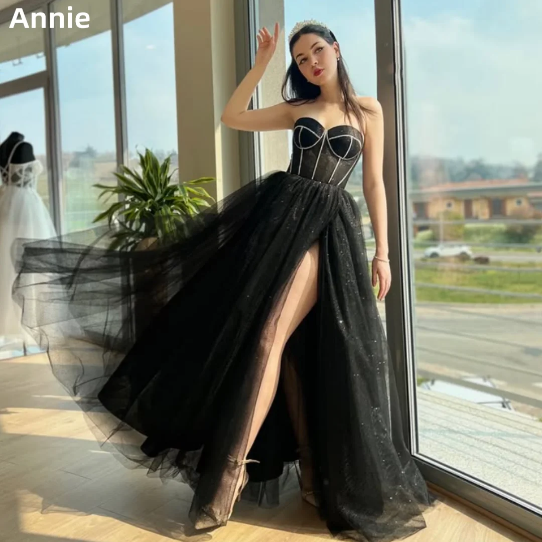 Annie Black Prom Dresses Glitter Bead Fairy Wedding Dress Sexy Off-shoulder Side Slit A-Shape Robes De Soirée Customized 2025