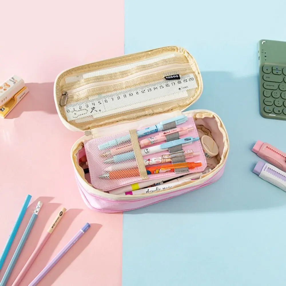 Polyester Simple Student Pen Bag Color Blocked Diagonal Storage Pencil Bag Multilayer Organizer Macaron Pencil Case