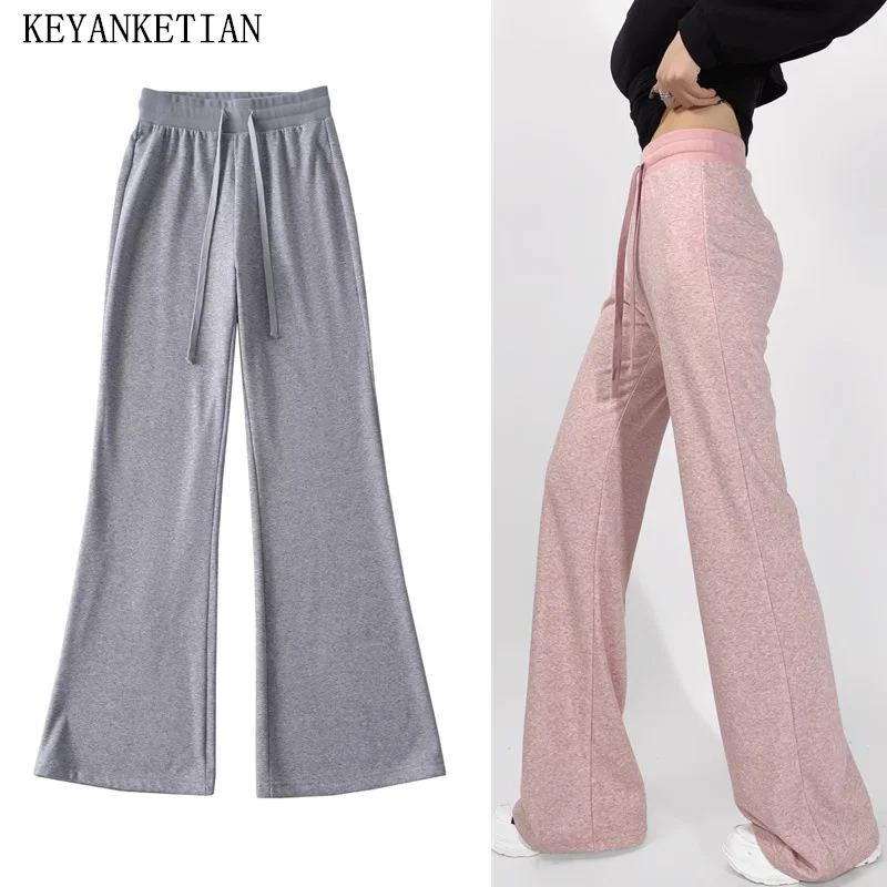 

KEYANKETIAN New Launch Women's Leisure Knit Flare pants Drawstring Lace Up Elastic Waist Retro Long Trousers Jogging Pants