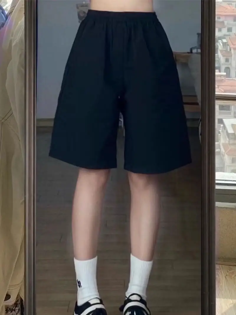 

Retro Bla Casual Five-Quarter Pants ex Summer Loose Straight Leg Spor Workwear orts Trendy Youth Active Sle