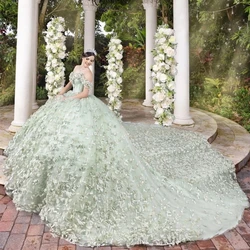 Luxury Sweetheart Light Green Quinceanera 2024 Ball Gown Applique Lace Beads Tull Sweep Train Prom Dress Vestidos De 15 Años