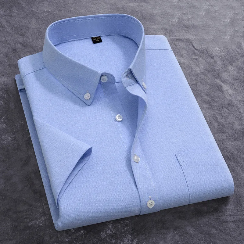 

Новая мужская официальная рубашка с коротким рукавом, летняя 100% чистая хлопок, материал Оксфорд, повседневные социальные классические рубашки для мужчин, синие, большие размеры 5XL