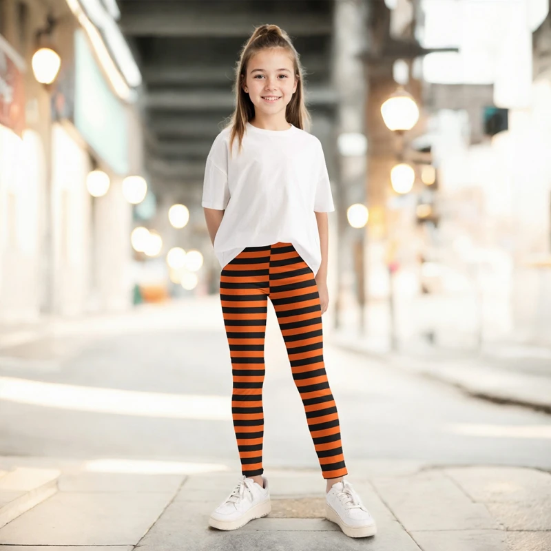 Children Girls Leggings Halloween Bottom Pants Toddler Baby Casual Trousers Kids Pumpkin Stripe Print Pants Elastic Tights 4-10Y