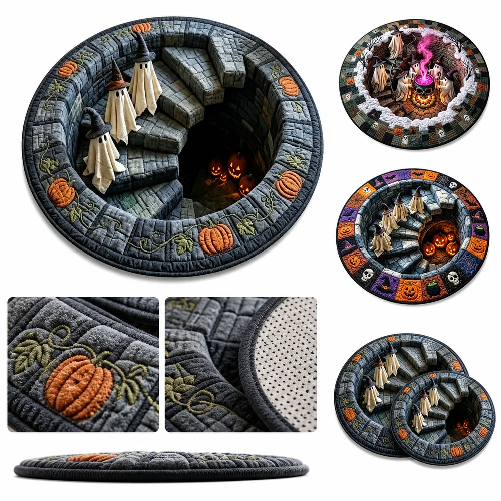 Crystal Velvet Optical Illusion Doormat Anti-Slip Backing Round Shape Round Floor Mat 3D Visual Effect Halloween Area Rug