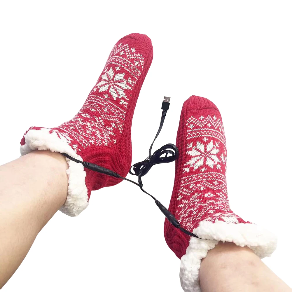 USB-beheizte weiche Stricksocken, rutschfeste, flauschige Slipper-Socken, Plüsch-Bodensocken, gemütliche Betthausschuhe für Weihnachten
