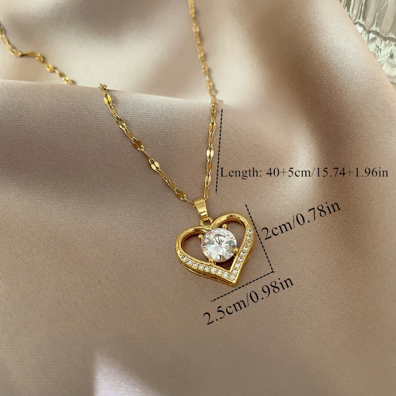 Gorgeous Heart Shape Simple Copper Inlaid Zirconia Pendant Necklace Women Men Fashion Stainless Steel Chain Anniversary Gift