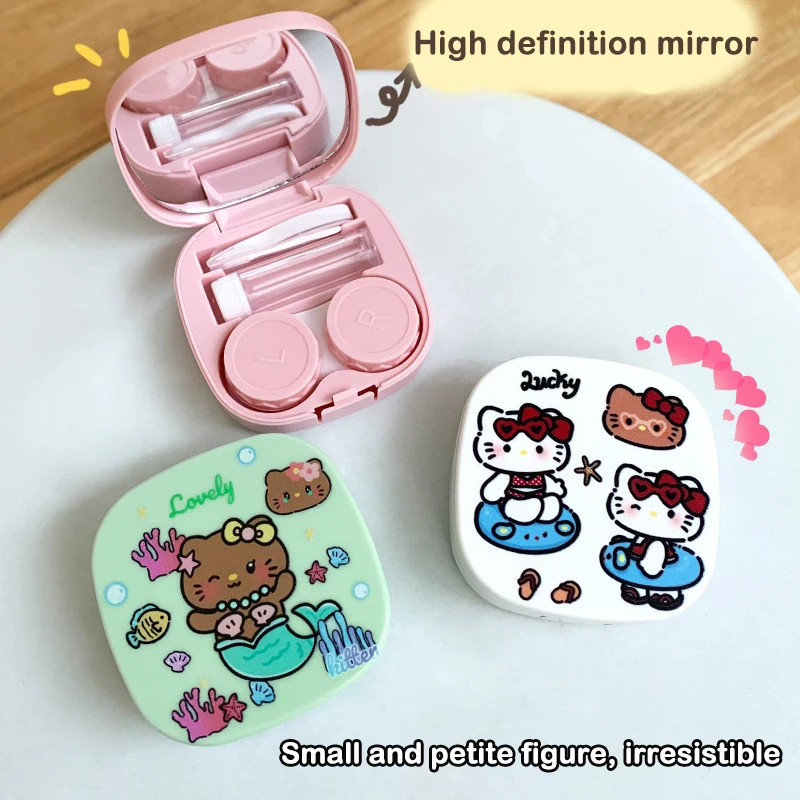 Estojo de lentes de contato kawaii hello kitty sanrio kt gato beleza pupila caixa de armazenamento portátil recipiente de lentes cosméticas com espelho