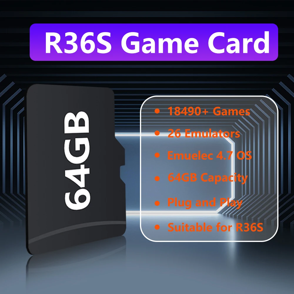 R36S 게임 콘솔용 64GB 게임 카드 (18490개 이상의 게임 및 PS1/PSP/N64/NES/SNES/NEOGEO/NDS 에뮬레이터, Emuelec 4.7, 플러그 앤 플레이 지원)