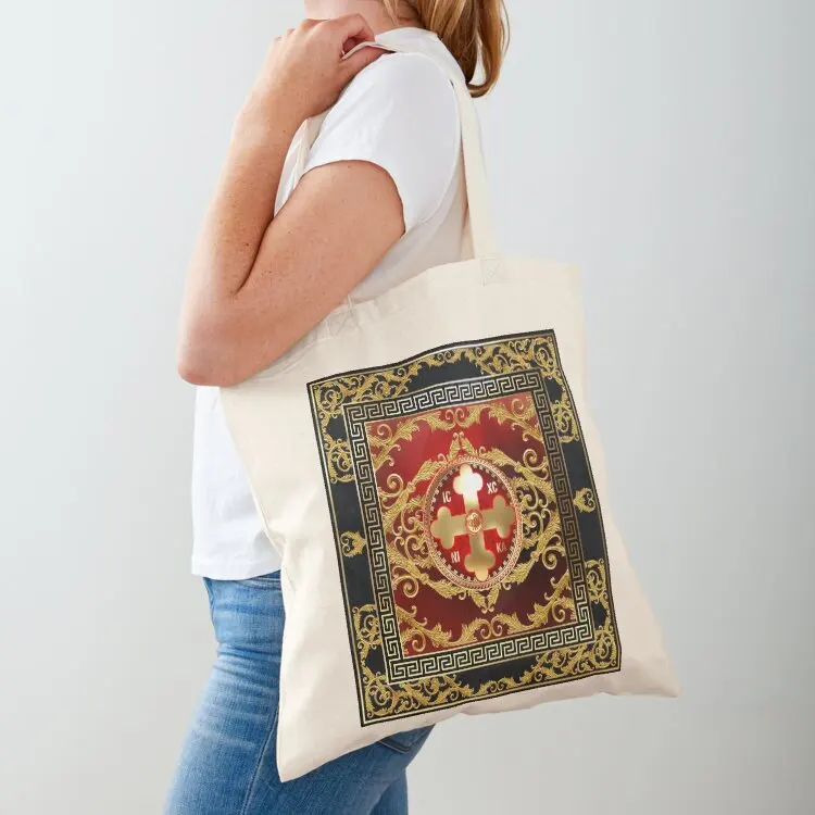 

Greek Orthodox Cross Baroque Red Gold Black Greek Keys Tote Bag tote bags aesthetic Reusable bags canvas shopping bag Eco bag