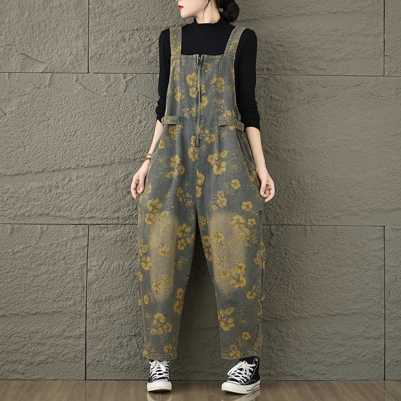 

Personal Floral Printed Denim Jumpsuit Women Large Size Loose Ankle-Length Jean Pants Versatile Overalls Cross- pants Trendy