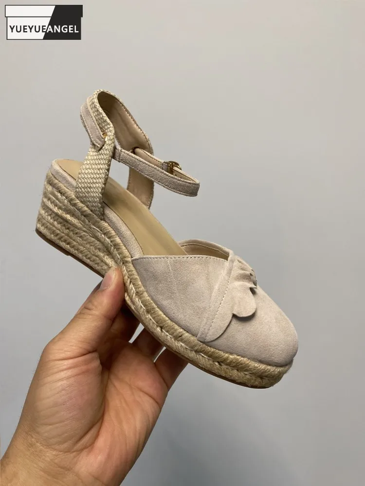 Elegante Frauen Bequeme Echt Wildleder Leder Schnalle Höhe Erhöhen Sandale Stroh Schuhe Damen Sommer Atmungsaktive Sandalen Keile
