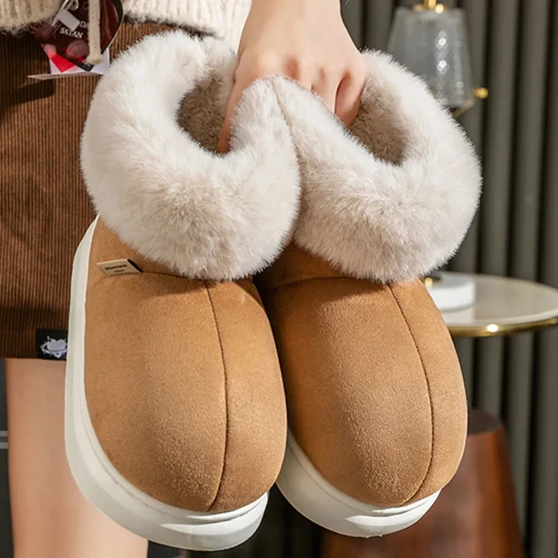 Shevalues New Plush Fur Slippers For Women Winter Fashion Warm Fluffy Home Slippers Outdoor Furry Antiskid Casual Cozy Snow Boot