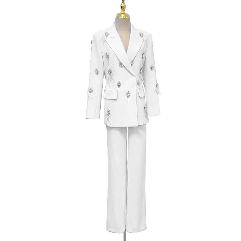 Fashion Elegant Solid Color Pant Suit Lady 2024 Spring and Autumn New Rhinestone Feather Bootcut Pants Women Suits Office Sets