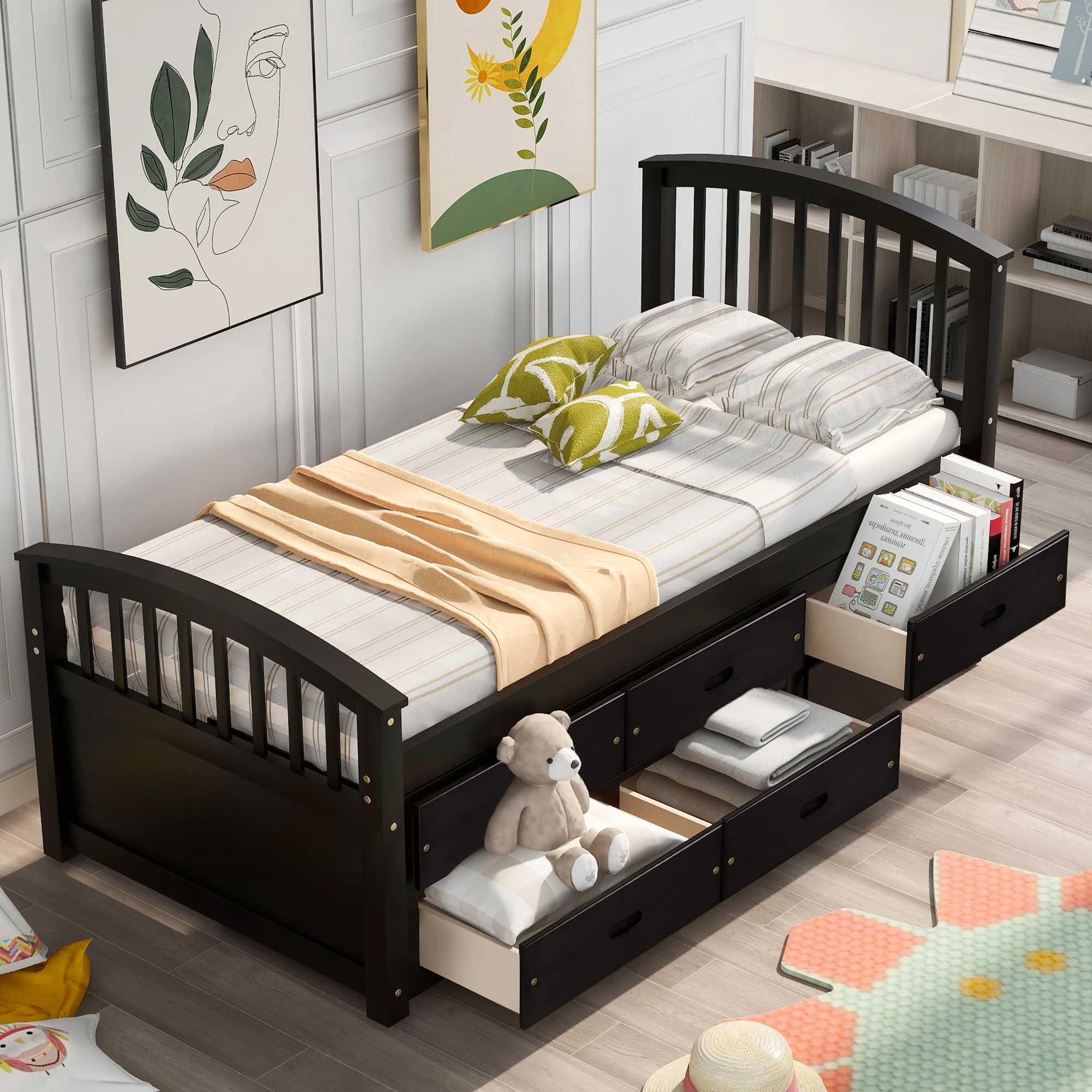 

Orisfur Twin Size Solid Wood Platform Storage Bed with Six Drawers - Space-Saving Design 77.8x42.3x43.6 in.
