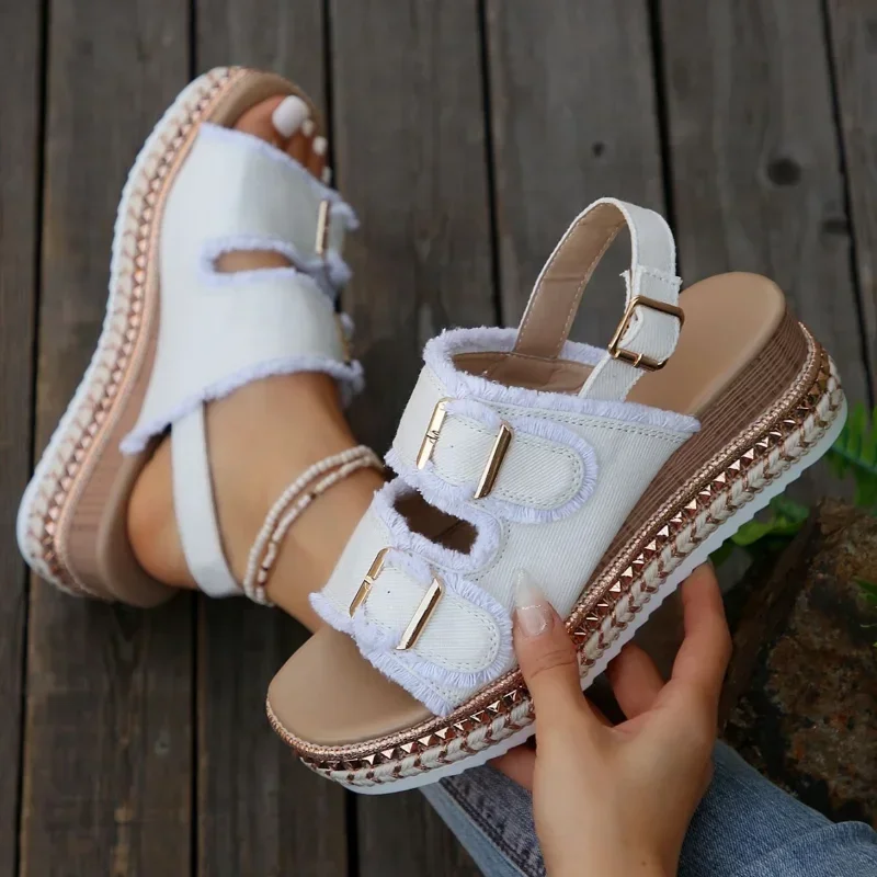 Women Chunky Platform Wedges Sandals Female Summer Blue Denim Beach Sandals Woman Ankle Straps High Heels Sandalias Plus Size 42 image 3