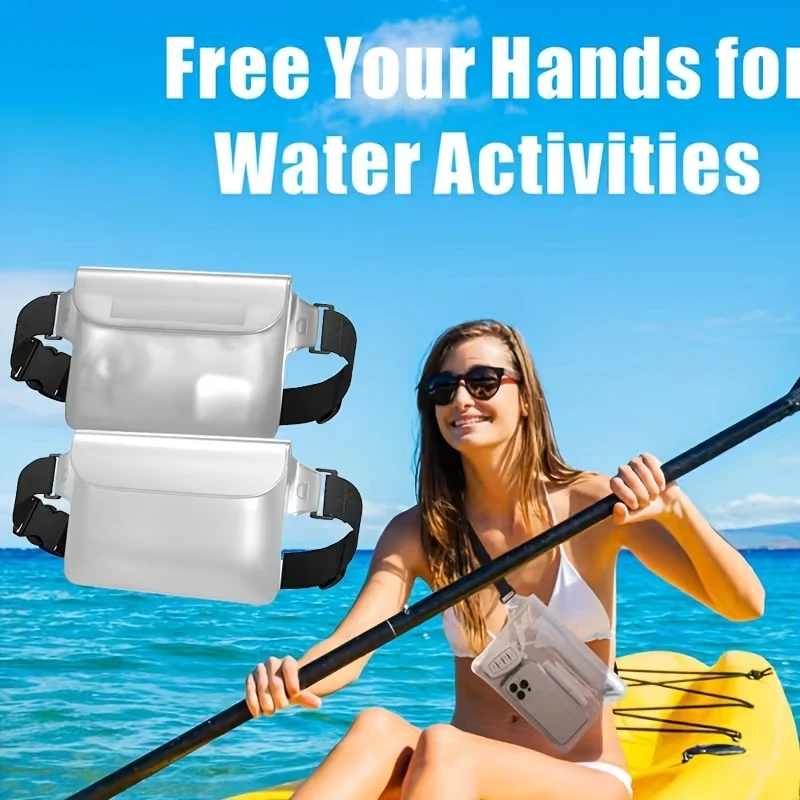 Transparent touchscreen-compatible waterproof phone pouch and waist pack—ideal for water sports, the beach, and water parks.
