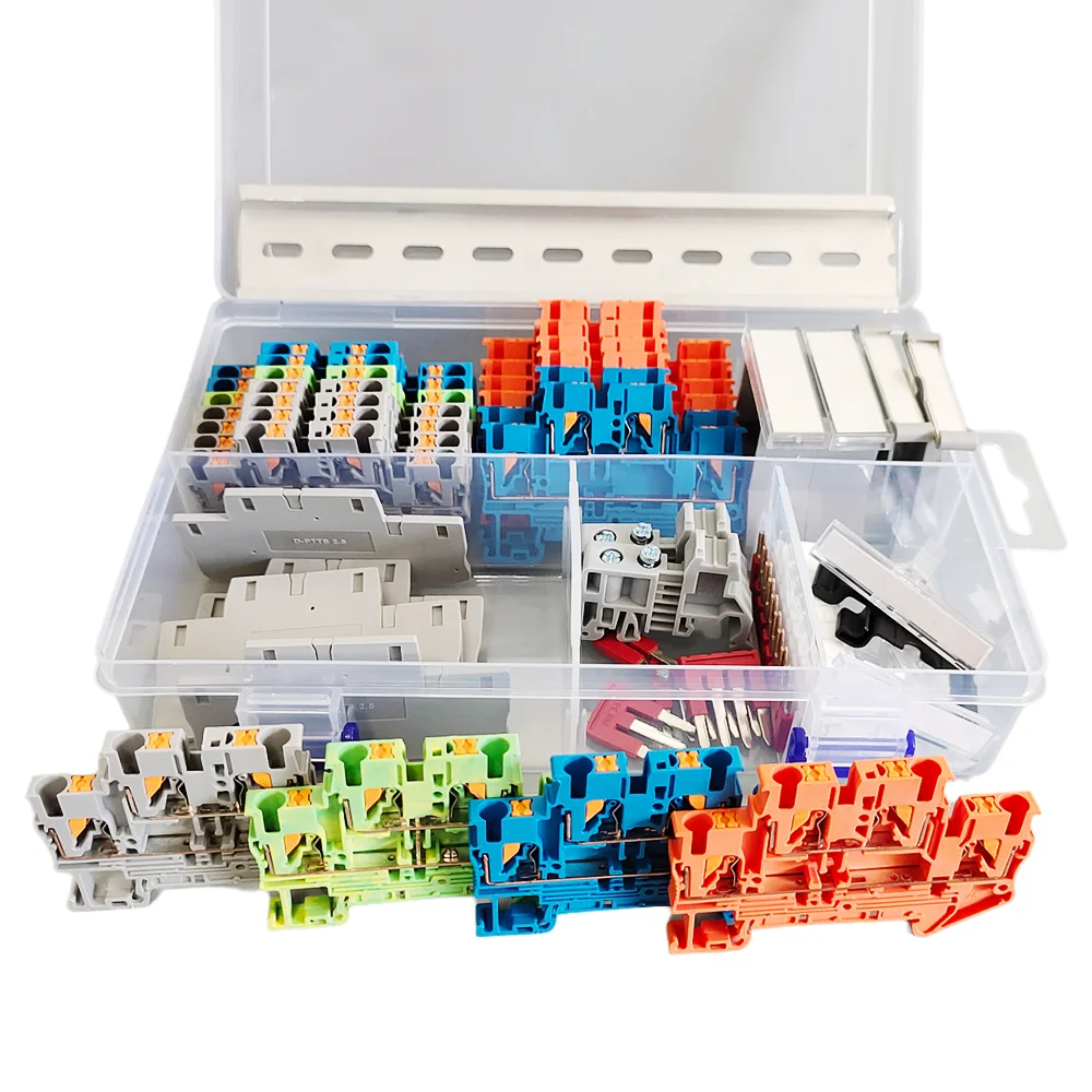 

PTTB2.5 Din Rail Terminal Block Kit 12AWG Spring Type End Cover Stop Plug-In Jumper Bridge Marker Strip Assembly Combined