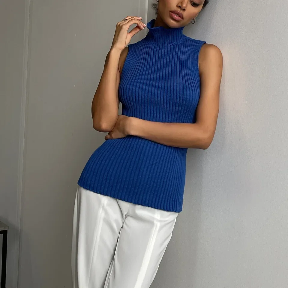 

Casual Knitted Vest Tops Summer Fashion New Slim High Neck Sleeveless Solid Color Half Sleeved Sweater For Women