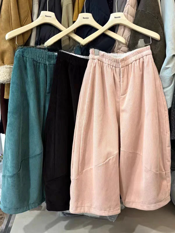 Pantalones de pierna ancha de pana de nueve puntos Vintage coreano Sle, pantalones rectos informales holgados y adelgazantes con globos para mujer