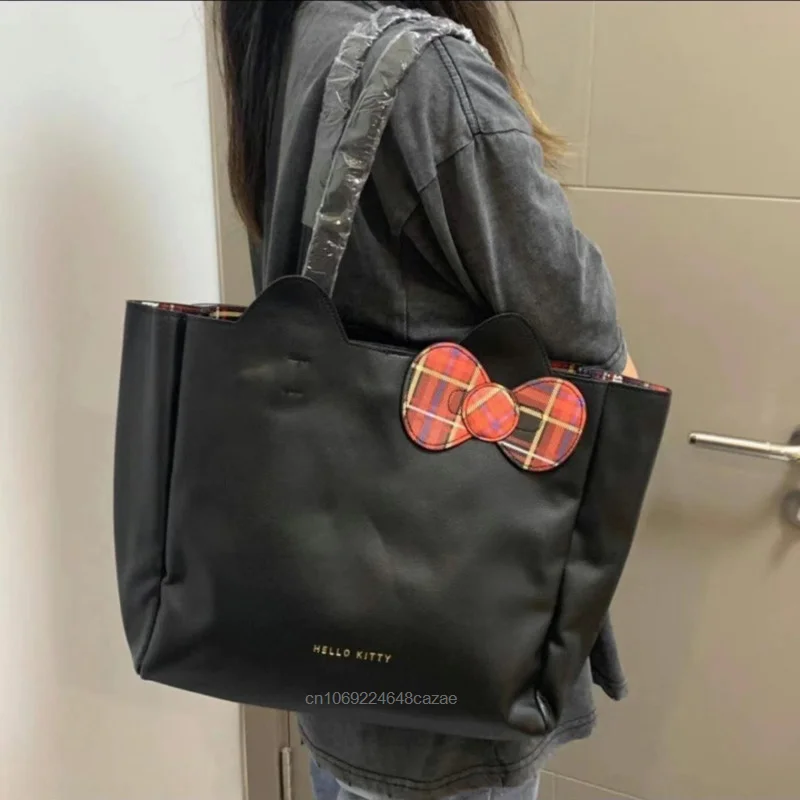 Sanrio Hello Kitty Plaid Bow Women Shoulder Bag Y2k Fashion New Large Capacity Handbag Korean Versatile Luxury Tote Bag Girl Bag