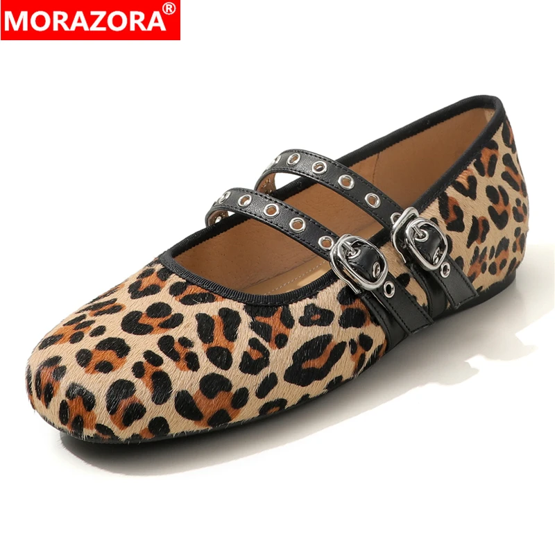

NORAZORA Size 34-41 New Horsehair Leather Mary Janes Women Flats Square Toe Leopard Flat Shoes Party Dress Shoes
