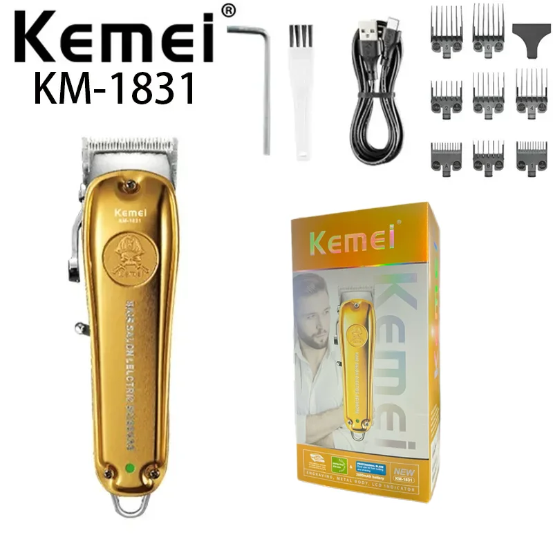 KEMEI-Clipper Cabelo Elétrico para Homens, Clipper Cabelo Profissional, Bateria De Lítio, Lâmina Ajustável, Ouro, 2000mAh, KM-1831