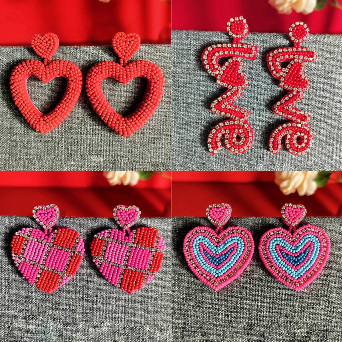 2024 New In Jewelry Accessories Valentines Day Gift Wholesale Pink Red Letter Love Double Heart Seed Beaded Earrings for Women