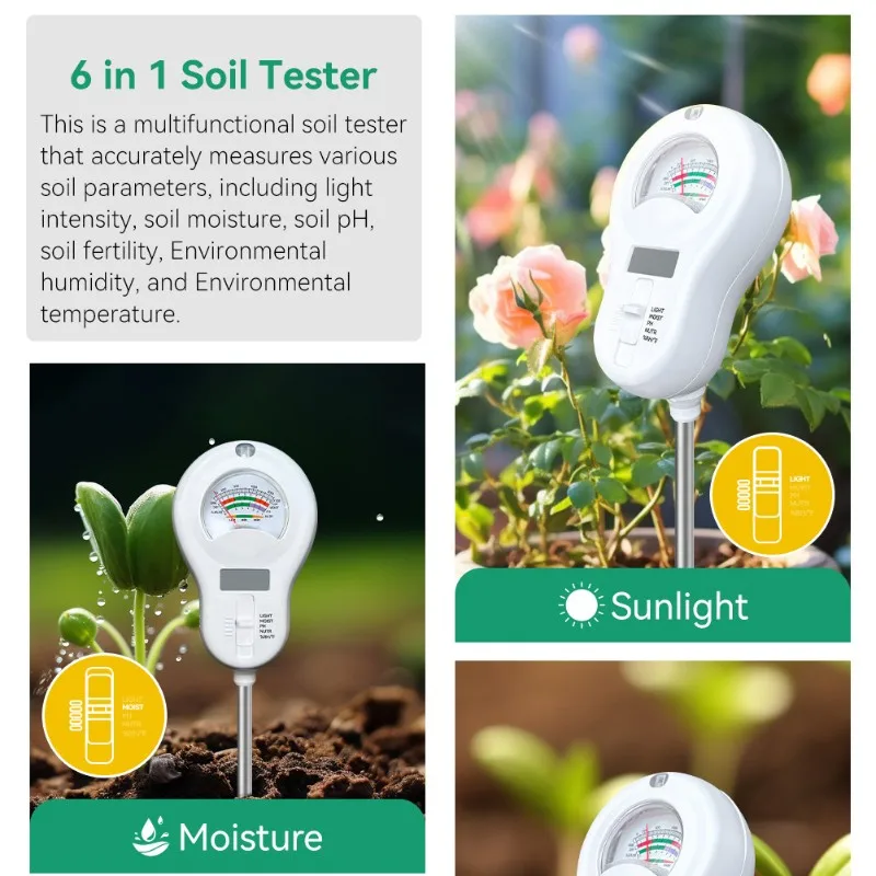 مجموعة أدوات اختبار التربة A13E-6-In-1 لاختبار الرطوبة والخصوبة ودرجة الحرارة وأداة قياس PH