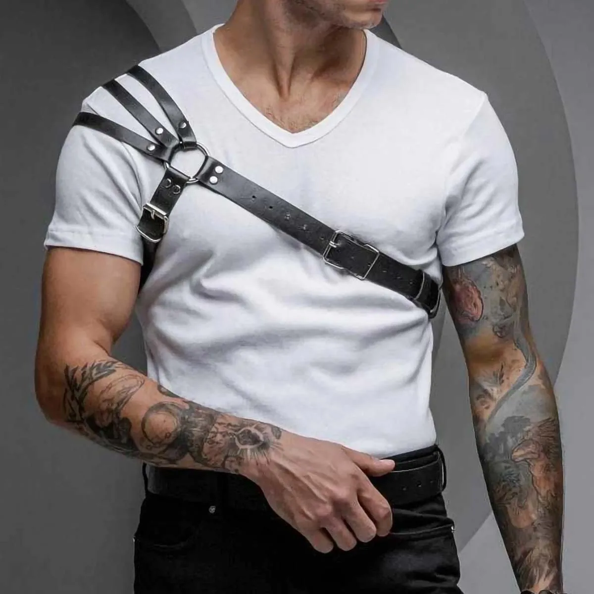 Men\'s Harness One Shoulder PU Leather Gay Men Chest Harness Bondage Black Leather Men Accessories Upper Erotic Body Men Harness