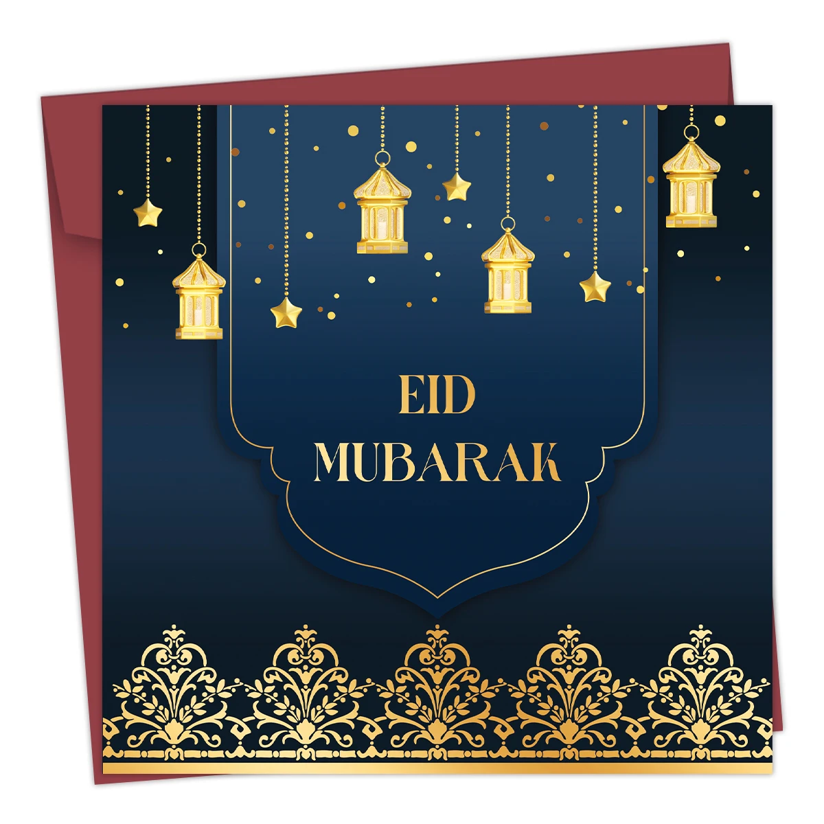 1 Stück Blau-Goldene Eid Mubarak Grußkarte mit Umschlag, Laternen- und Sternen-Design Eid-Karte für Geschenke und Segenswünsche, Ramadan-Feier