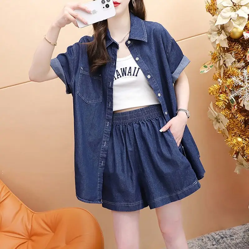 Denim Shirt Short Sleeved Denim Suit for Women\'s Summer 2024 New Internet Celebrity Popular Street Wide Leg Shorts Two-piece Set