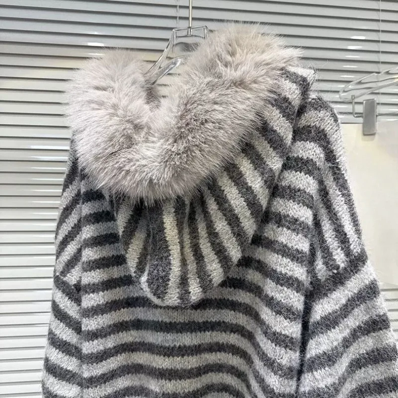 الأمريكية الرجعية معطف محبوك طويلة الأكمام فو الفراء س الرقبة المرأة عادية مخطط طباعة ثقافة فرعية معطف زر الرجعية النساء الملابس #5