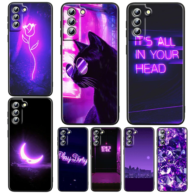 

Purple Colour Neon Light Black Phone Case For Samsung Galaxy S23 S22 S21 S20 FE Ultra Plus S10 Lite S9 4G 5G Cover