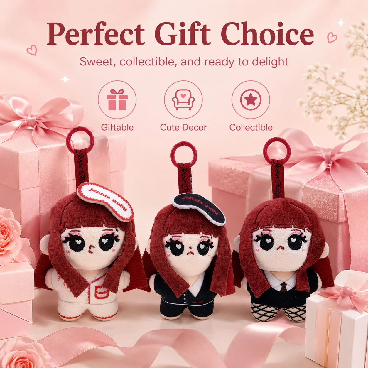Cute Jennie Ruby Plush Keychain Red Brown Hair Girl Bag Charm Heart Eye Stuffed Toy Pendant Viral Trending Gift view 4