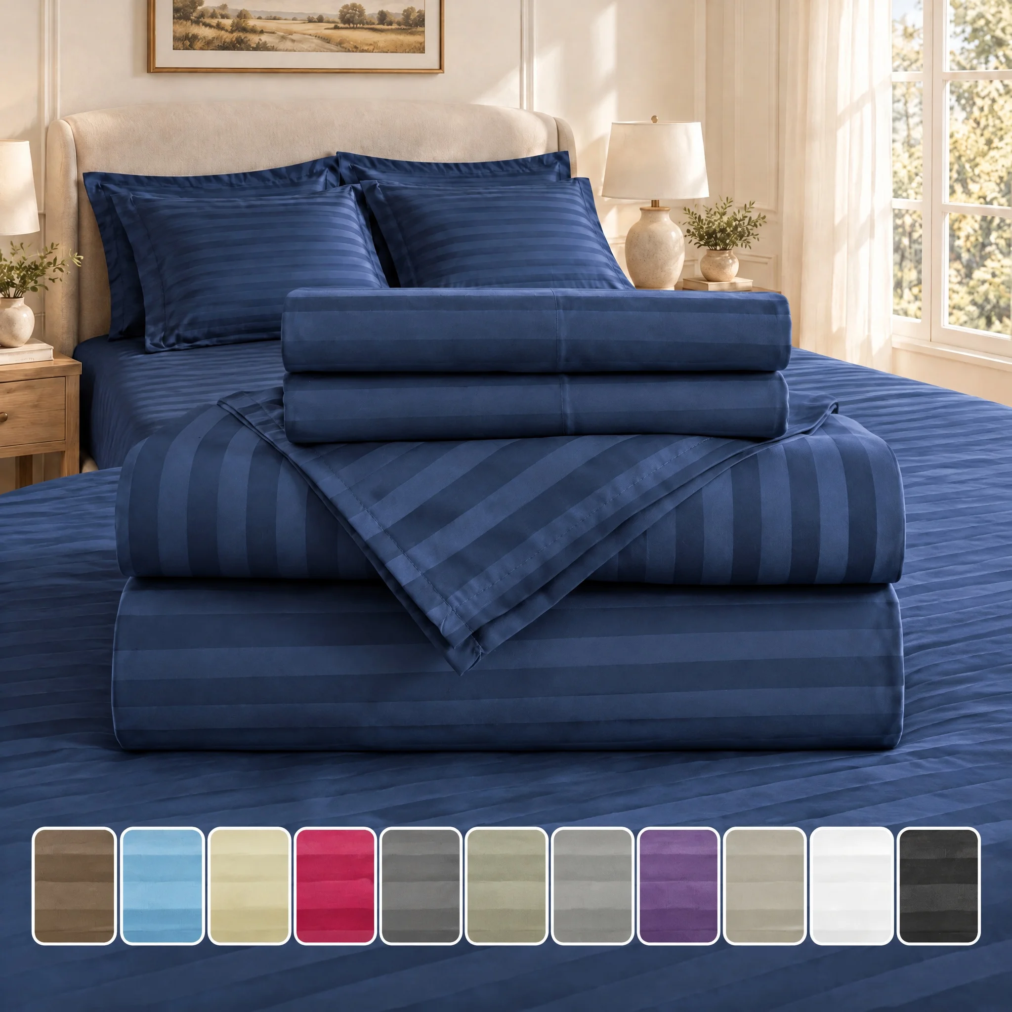 4-Piece Striped Bed Sheets Set, Hotel Luxury Bedding, Deep Pocket Up to 16 Inch, Wrinkle Free, Fade & Stain Resistant, Cooling Sheets with Pillowcases, All Season Use for Bedroom & Guest Room