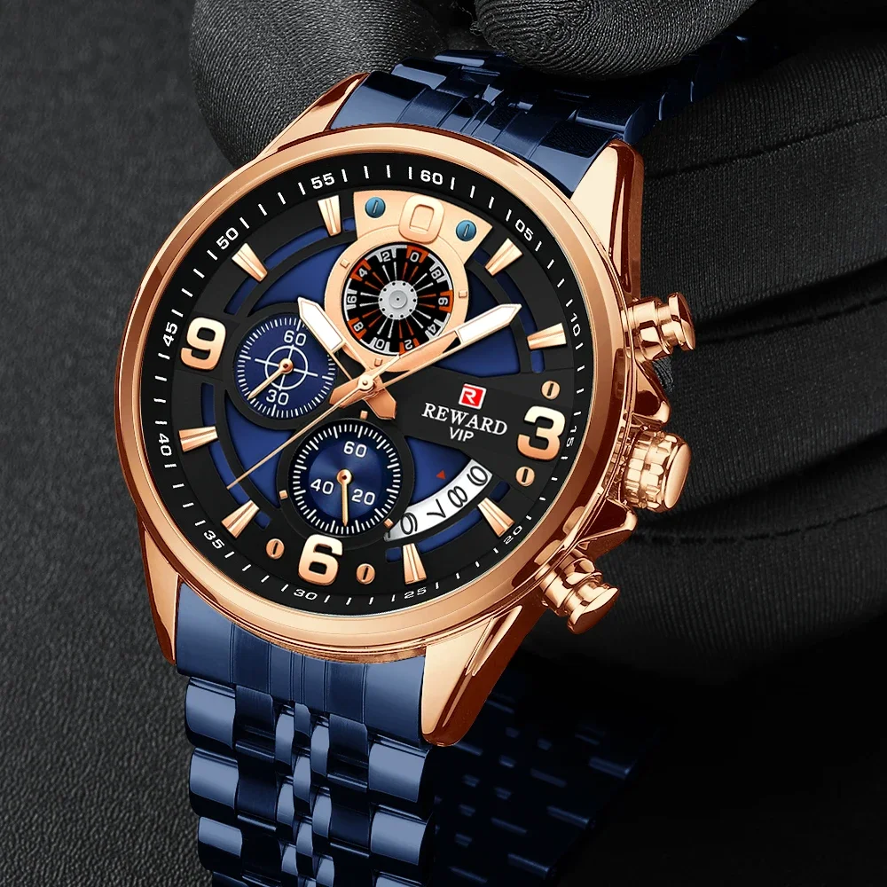 REWARD 81057M Luxury Steel Strip Quartz Men's Watch Waterproof Chronograph Luminous Calendar Watches for Men Relogios Masculino