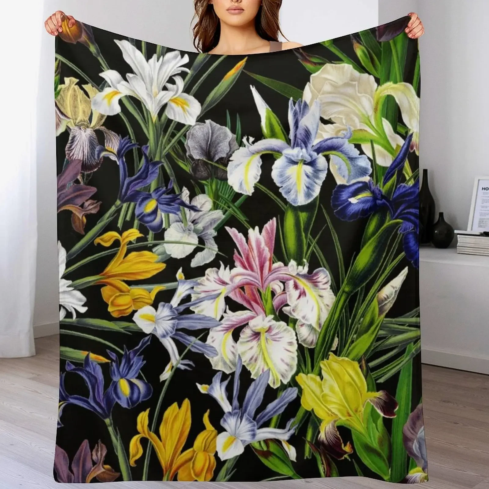 Victorian Iris Flower Pattern Botanical Night Garden on Black Throw Blanket Flannel Fleece Soft Warm Throw Blanket