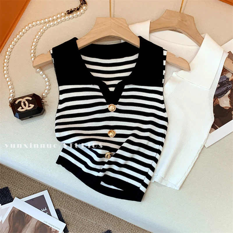 2023 Summer Striped Slim Knit Vests Women\'s Pullover Knitwear Sleeveless Korean Sexy Streetwear Ladies Crop Tops Jumpers