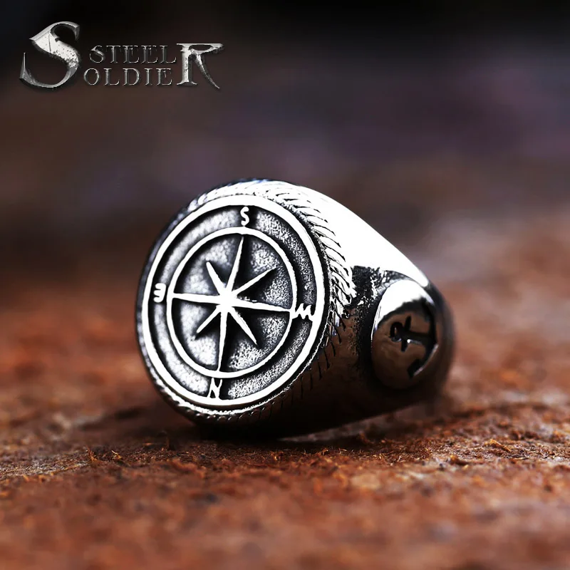 Steel Soldier Fashion Retro Northern Europe Compass plate Ring Men Gift Jewelry drop shipping price