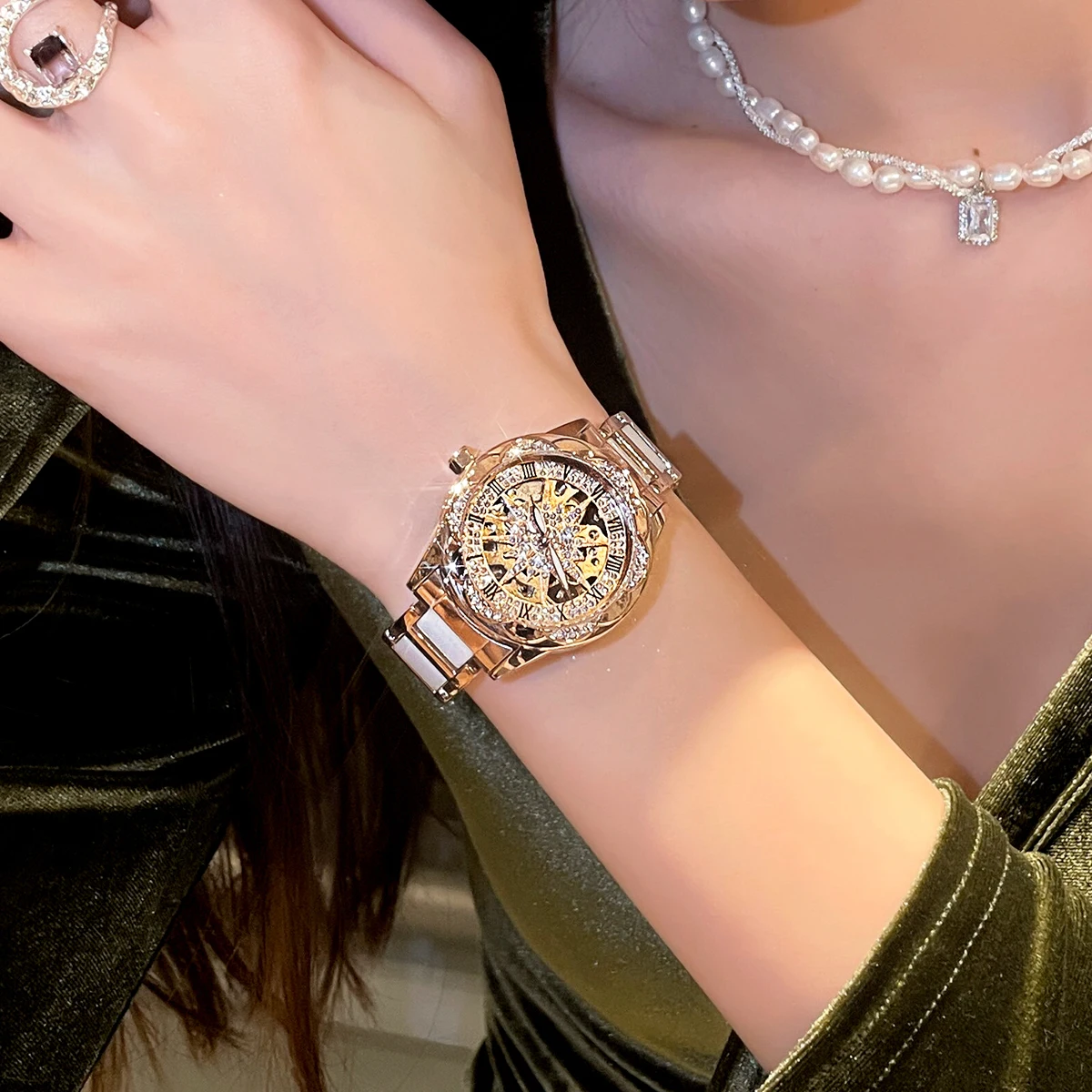 Sunflower mechanical watch for women high-end light luxury niche art red watch for women mechanical watch