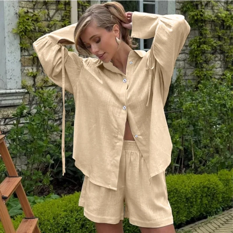 Fata da donna Primavera Autunno Top Camicia Abito Manica lunga Pantaloncini Manica svasata Risvolto Cravatta Bottone Tinta unita Casual Semplice Morbido Nuovo