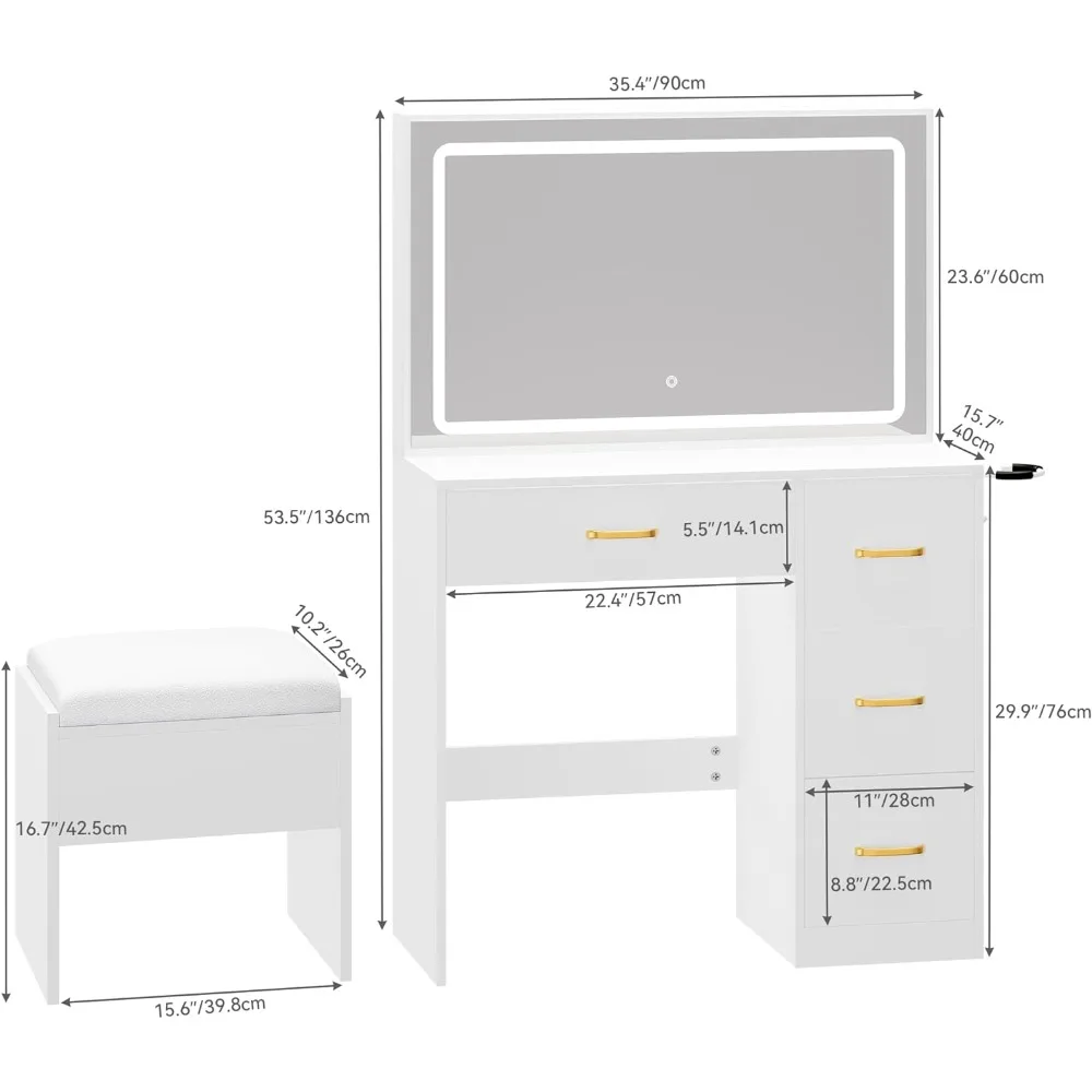 Makeup Vanity Desk with Large Lighted Mirror with Power Outlet and LED Strip, 3 Color Lighting Modes with Adjustable Brightness,